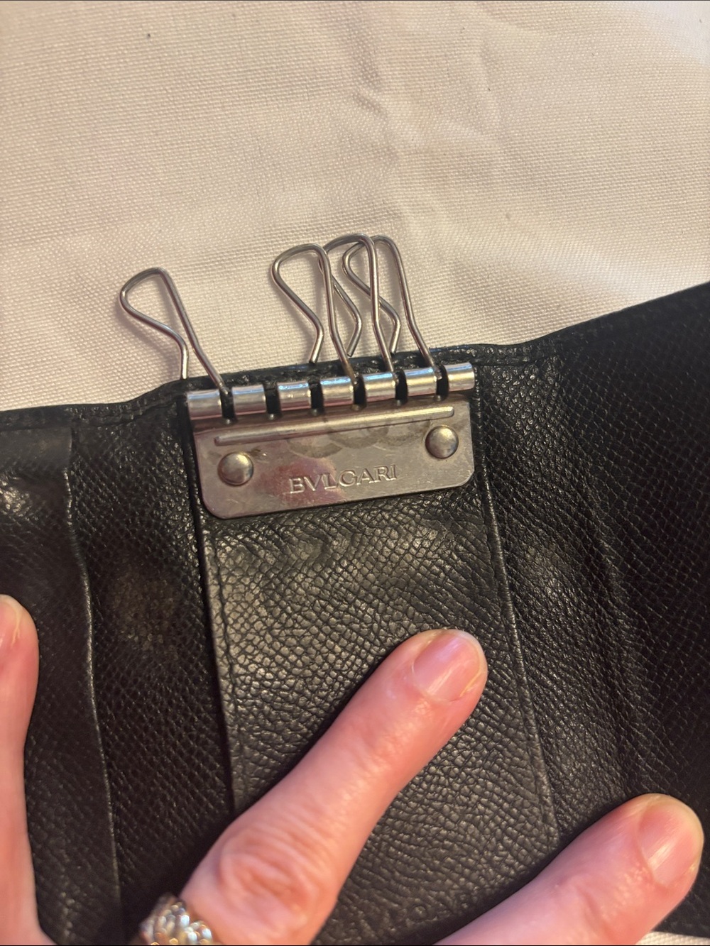 Bulgari Black Leather Key & Card Holder with Silver Tone Logo Button - Picture 12 of 16